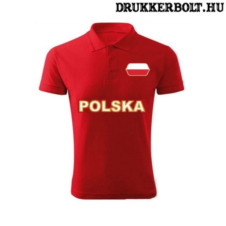 Polska / Lengyelország feliratos galléros póló - Lengyelország szurkolói ingnyakú póló (piros) 